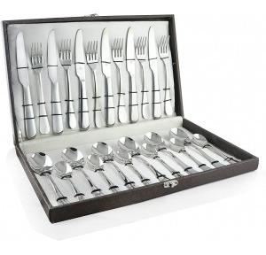 FnS Victoria Cutlery Set 24 Pc With Leatherette Box Packaging (6 Dinner Spoons 6 Dinner Fork 6 Teaspoons & 6 Dinner Knife) Stainless Steel 25 x 15 x 15 cm