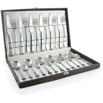 FnS Victoria Cutlery Set 24 Pc With Leatherette Box Packaging (6 Dinner Spoons 6 Dinner Fork 6 Teaspoons & 6 Dinner Knife) Stainless Steel 25 x 15 x 15 cm