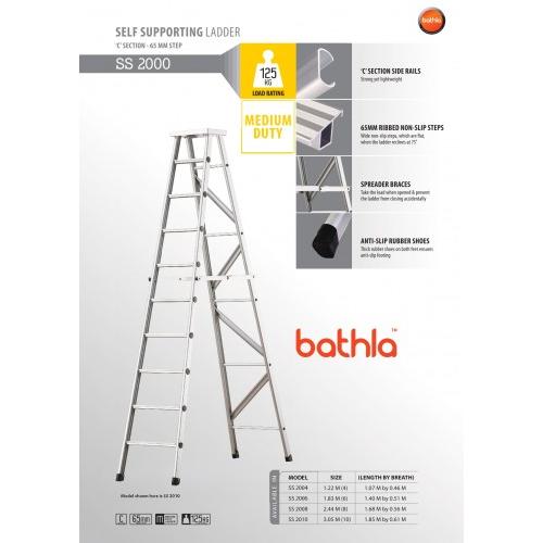 Bathla Self Supporting Ladder Model- SS 2008, 65mm ribbed Non-slip steps, Spreader Braces and Anti-slip rubber shoes, Load capacity-125kg C section side Rails Aluminum 8 Feet (7 Step plus top)