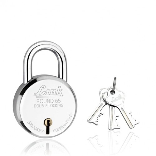 Link Padlock Round 65 Steel Body Iron Liver Double Locking  3 Silver Keys