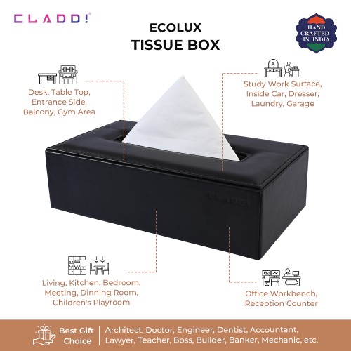 Cladd Tissue Paper Box Cover Leather Handcrafted Rectangular Shape Dimension: 8.5x4.6x2.3 Inch Black