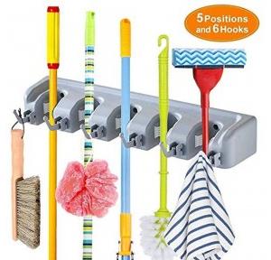 Mob Holder 2 In 1 Wall Mounted Magic Mop Holder and Broom Holder Sticks Hanger Stand Organizer Mop Holder- 2 In 1, 5 Slots and 6 Hooks Grey