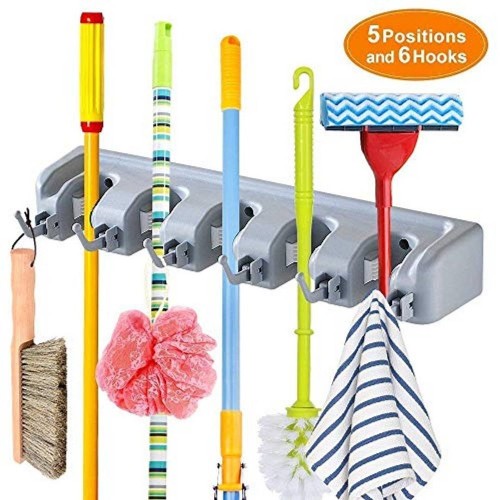 Mob Holder 2 In 1 Wall Mounted Magic Mop Holder and Broom Holder Sticks Hanger Stand Organizer Mop Holder- 2 In 1, 5 Slots and 6 Hooks Grey