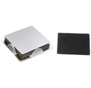 Coaster Set with Black Puffy Anti Skid Base and Stand Square 3.25 inch Stainless Steel Pack of 6