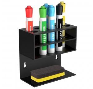 Whiteboard Marker Holder Stand Wall Mounted Black Acrylic Dry Erase with 10 Marker Slots and Eraser Holder, Size: 15 x 9 x 18 cm, Thickness : 4mm