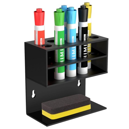 Whiteboard Marker Holder Stand Wall Mounted Black Acrylic Dry Erase with 10 Marker Slots and Eraser Holder, Size: 15 x 9 x 18 cm, Thickness : 4mm