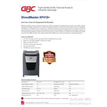 GBC ShredMaster XP418+ Jam Free Cross Cut Departmental Shredder 675x445x479mm Maximum 18 Sheets Capacity 45 Ltr Bin Weight: 28.9 Kg