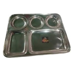 Compartment Plate SS 304 5 in 1 Rectangular 450-500gm Stainless Steel 37.4L X 29.2W X 3H CM