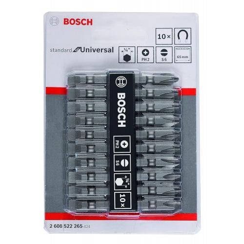 Bosch Double Ended Screwdriver Bits 260852265 Professional Extra Hard Type Ph2-Sl Length 65mm Grey Pack of 10