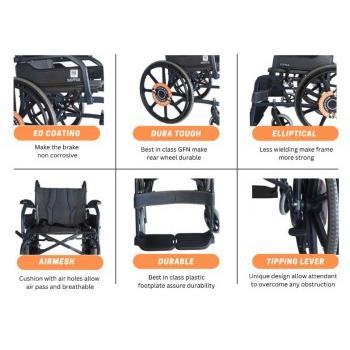 Karma Champion Mag Manual Wheelchair Cushion with Air Holes Allow Air Pass and Breathable Max user Weight Capacity 100 Kg MS Frame With Plastic Footplate Assure Durability Seat Width 455mm Seat Depth 418mm Total Height 870mm