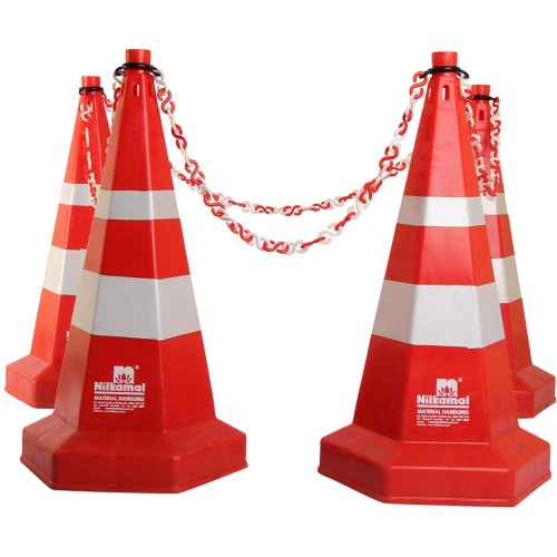 Nilkamal Hexagon Traffic Road Safety Cone Plastic 750mm 4.2 Kg With Safety Chain PVC Type 2 Mtr Red and White