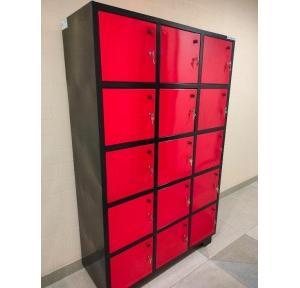 MS Heavy Duty CRCA Fabricated Power Coated 15 Compartment Staff Locker 20/22 Gauge Each Compartment Size 14x16x18 Inch Light Red & Black Color Combination With Cam Lock Name Sticker Type Dimension H72 X W48 X D18 Inch