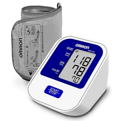 Omron Digital Blood Pressure Monitor HEM 7124 LCD Fully Automatic with Large Display Screen Device, Cuff, 4 Batteries, User Manual