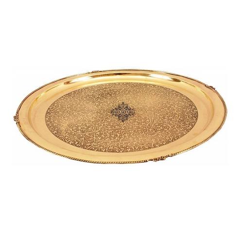 Indian Art Villa Shining Beautiful Flower Design Brass Plate Thali, Dia: 8Inch