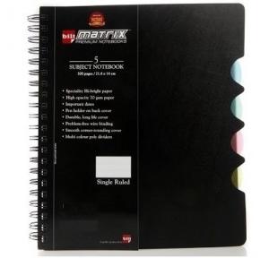 Bilt Matrix A5 70 GSM Single Rule Spiral 5 Subject Notebook, RESA55SK (300 Pages)